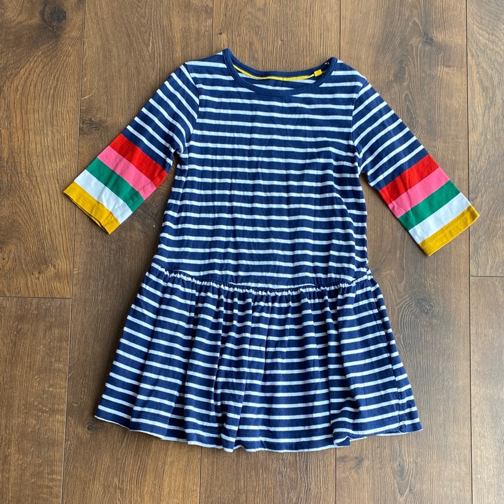 Mini Boden Girls Blue Stripe T-Shirt Dress Rainbow Sleeves Age 4–5 110cm